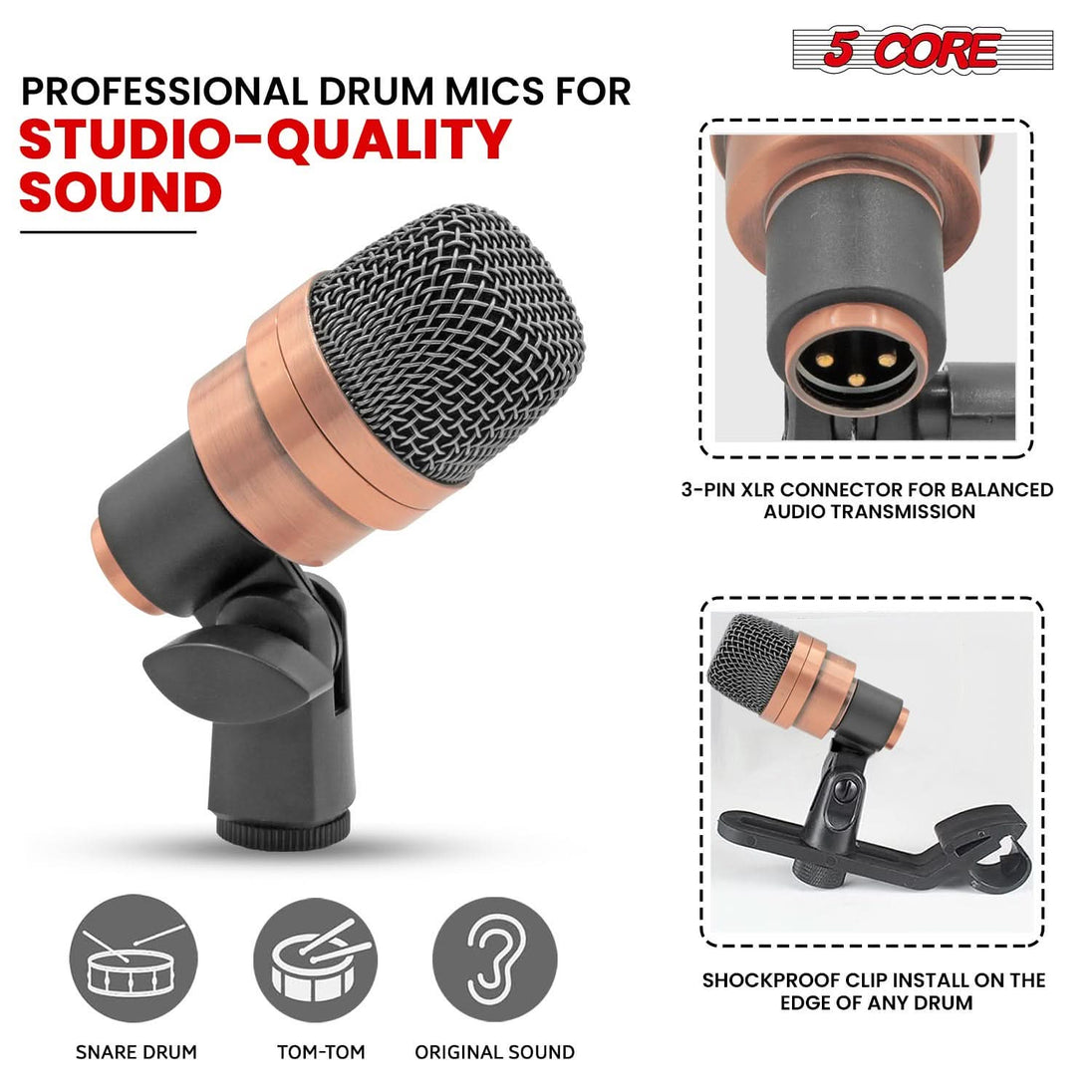 Professional 5Core condenser microphone for snare and tom drums in copper XP