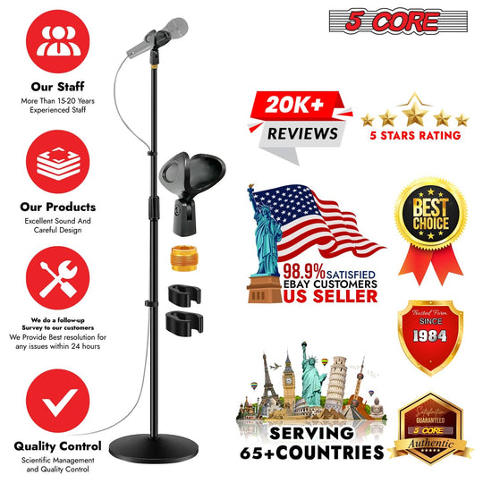 Height adjustable microphone stand with round base and universal mount