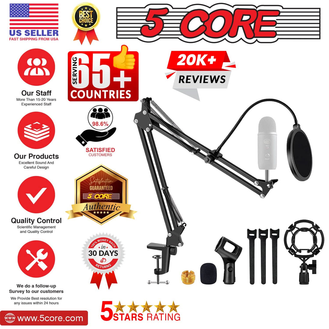Durable mic stand with 360° rotating arm and universal mic holder