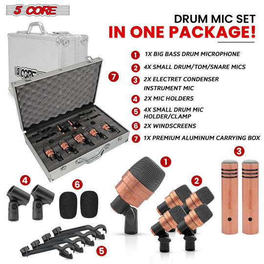 5Core 7-piece drum mic kit for kick, bass, tom, and snare