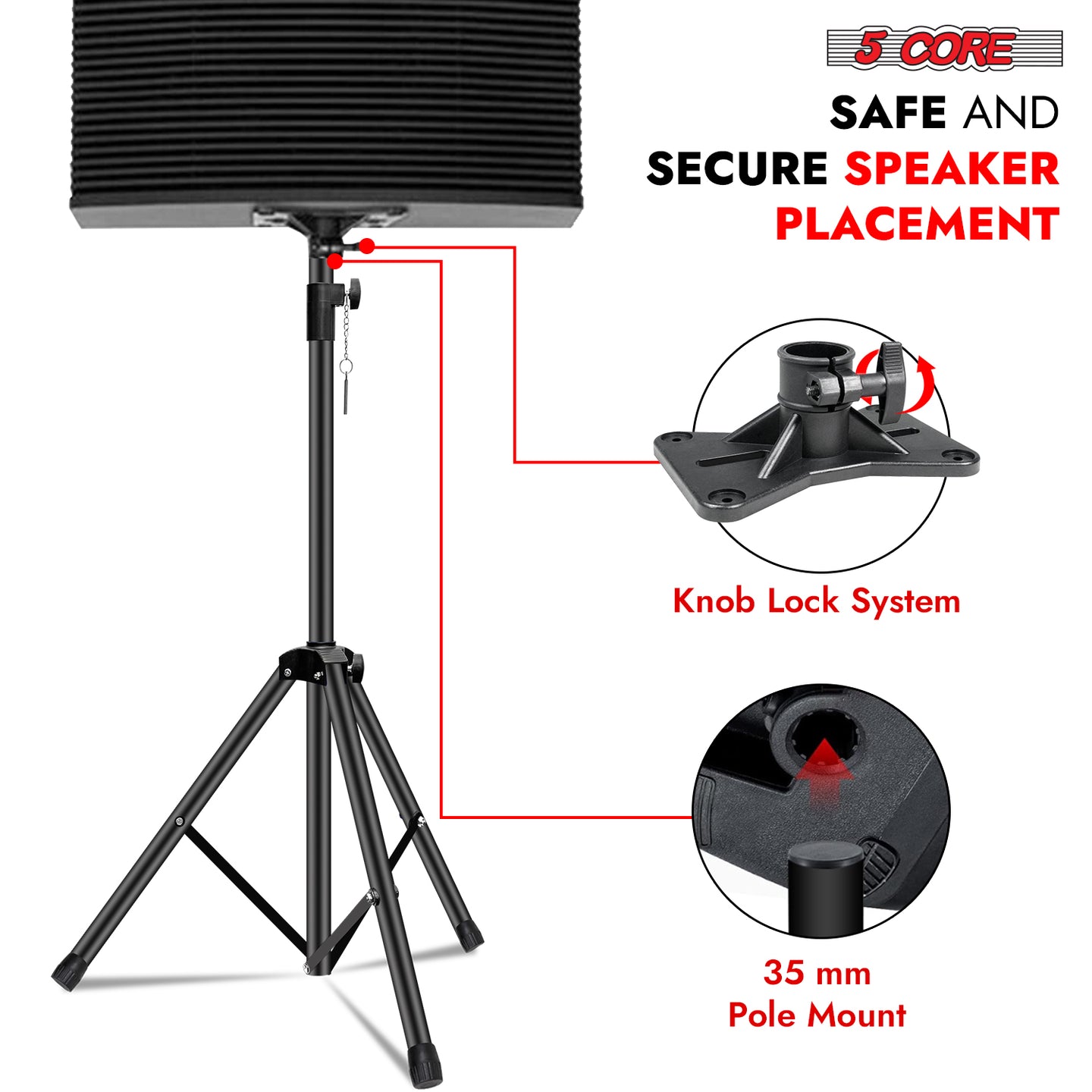 5Core black speaker stand tripod adjustable up to 72 inches for heavy-duty use and sound systems