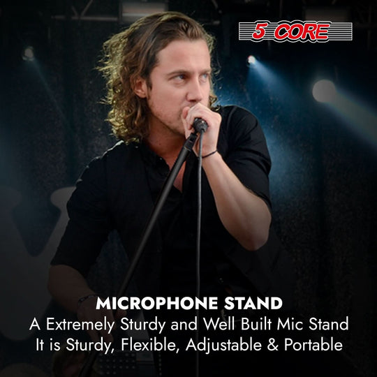 5 Core mic stand featuring sturdy round base and adjustable height for microphones