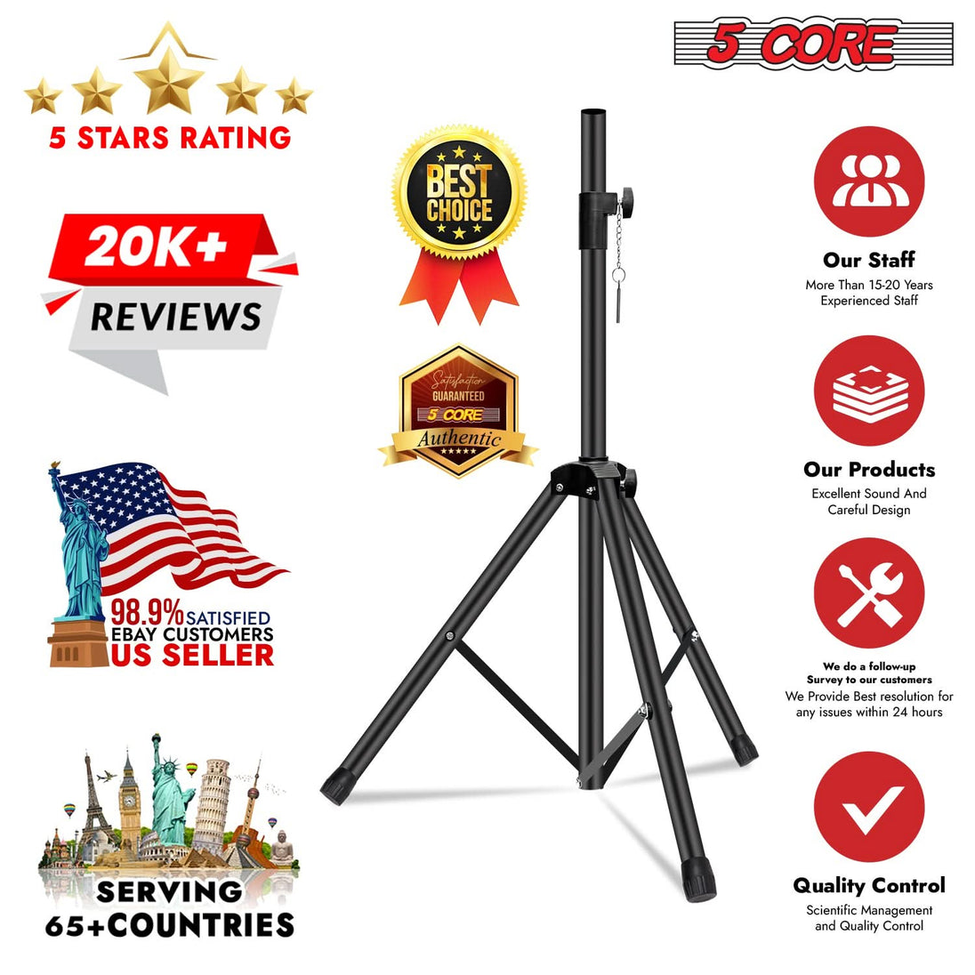 Adjustable black speaker stand tripod for DJ studio monitors up to 48 inch height