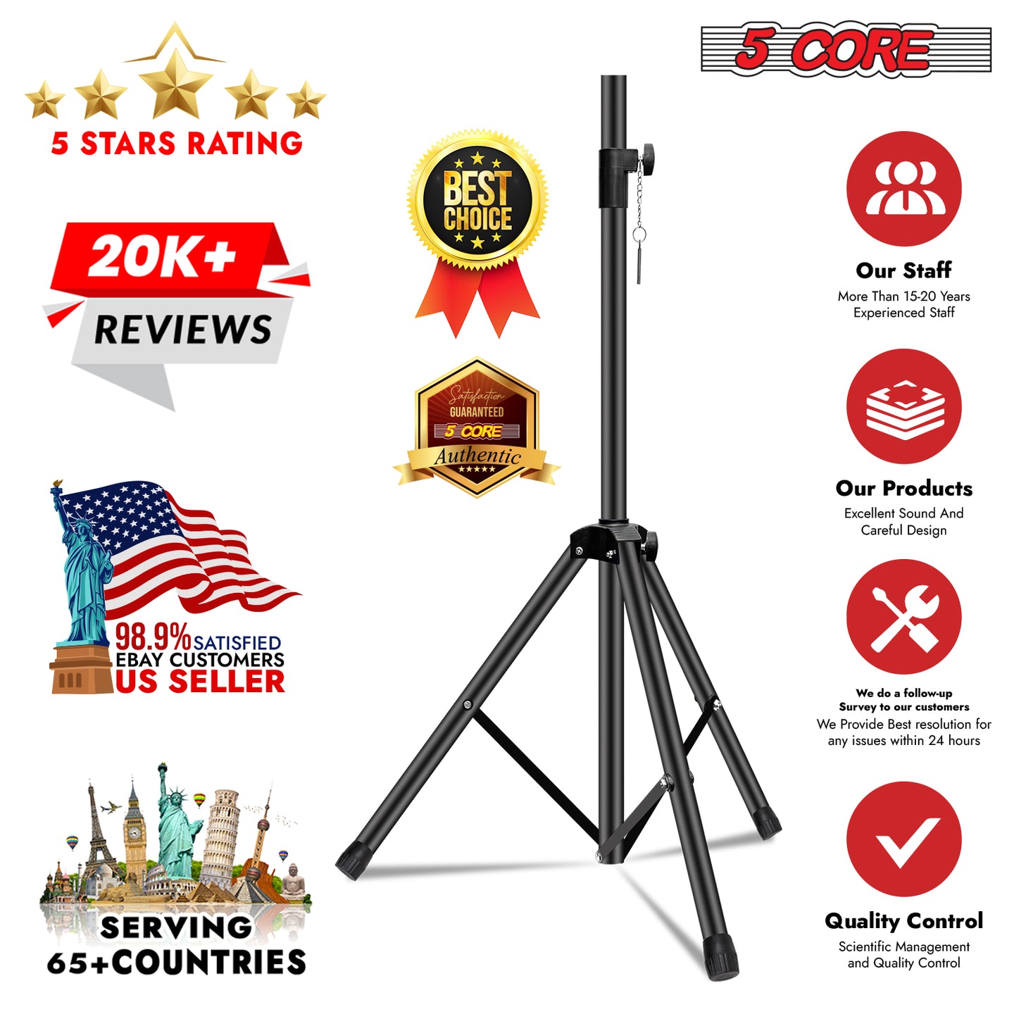 Heavy-duty black tripod speaker stand adjustable up to 72 inch for DJ studio monitors