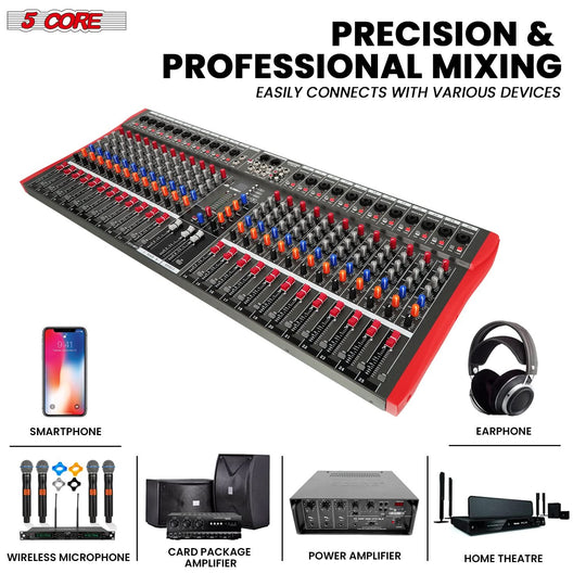 5Core 24 channel DJ mixing console, Bluetooth USB, analog audio mixer for professional use