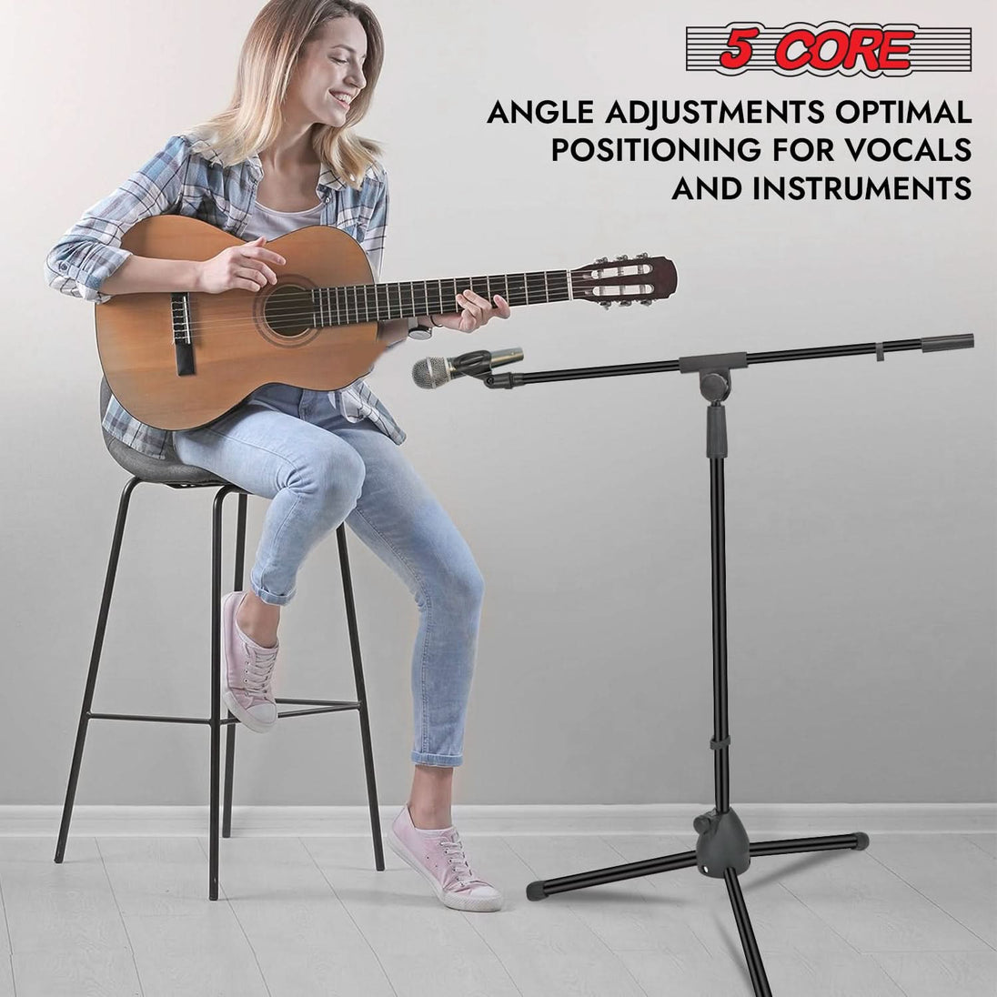 Compact adjustable mic stand with tripod support and boom arm