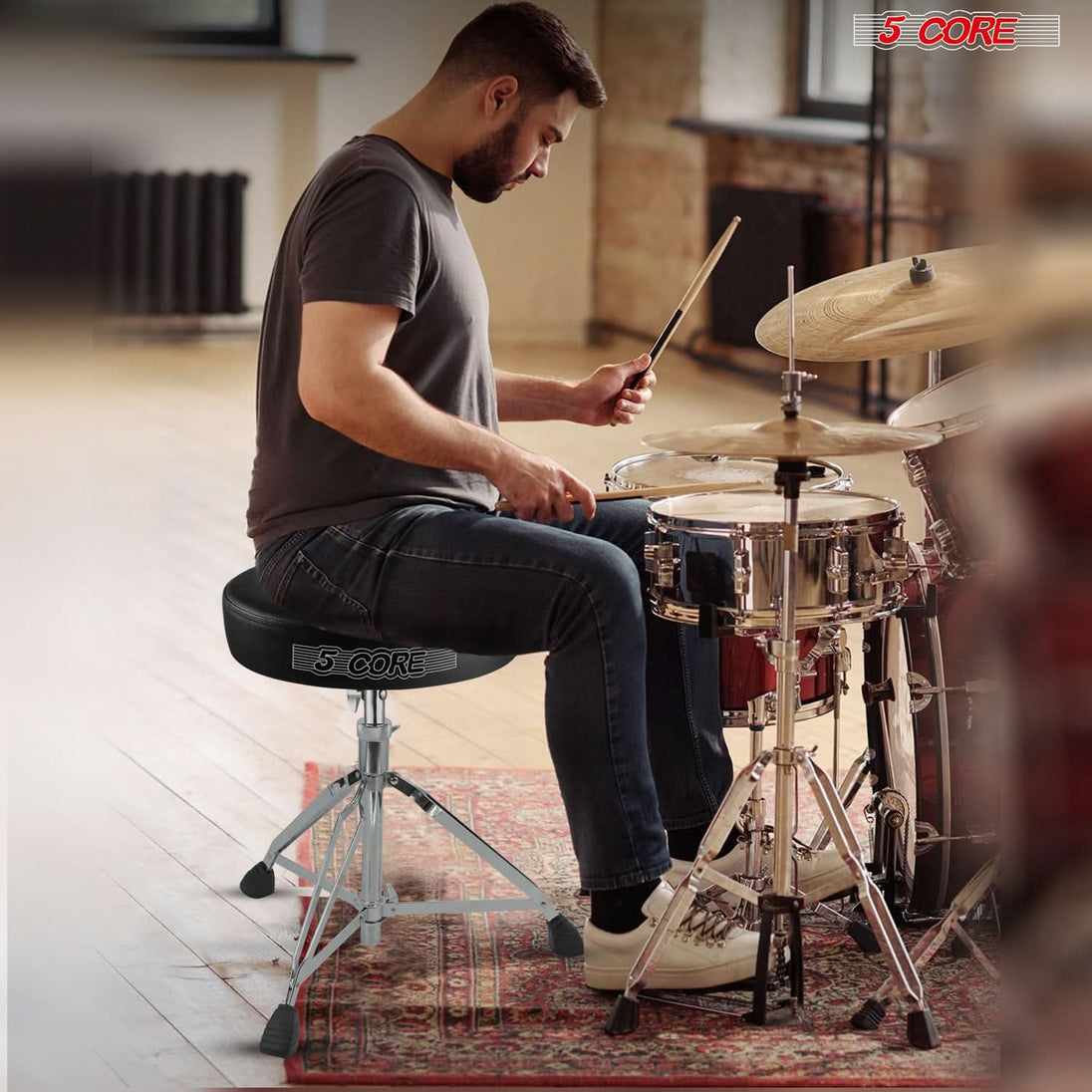 Portable padded drum throne with practice pad attachment