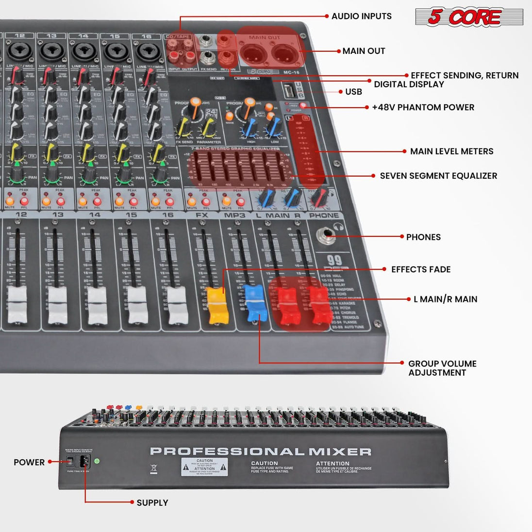 5Core 16-channel DJ audio board with Bluetooth, USB, and analog audio mixing for professionals
