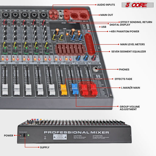 5Core 16-channel DJ audio board with Bluetooth, USB, and analog audio mixing for professionals