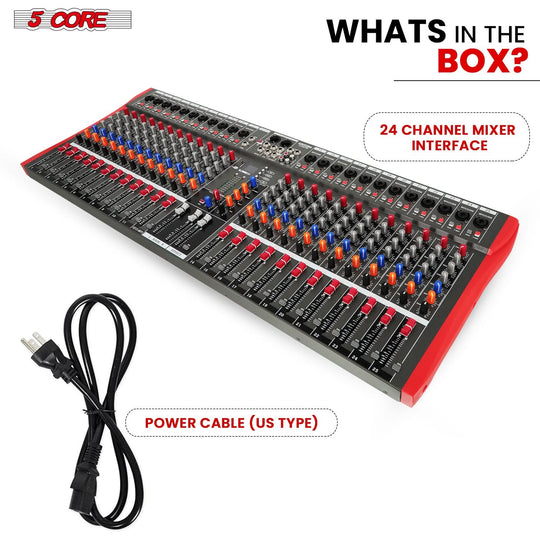 5Core professional DJ mixing board, 24 channel audio mixer with Bluetooth, USB, and analog features