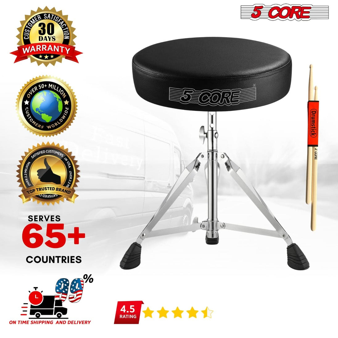 Heavy-duty adjustable stool with cushioned seat and drum pad