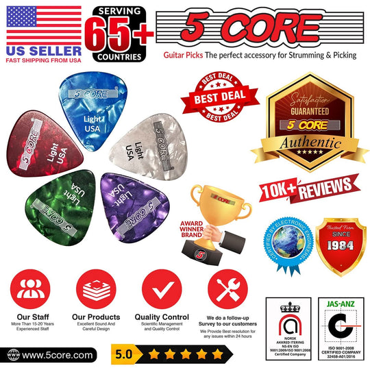 Strong 5Core 0.46mm guitar picks in white for soft strumming and easy play