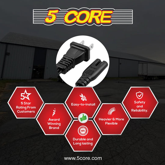 5Core 6ft AC extension cord 2 prong 16AWG 125V 13A adapter male to female US plug