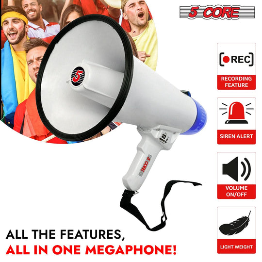 Bullhorn megaphone featuring a siren, record function, and adjustable volume, designed for diverse needs.
