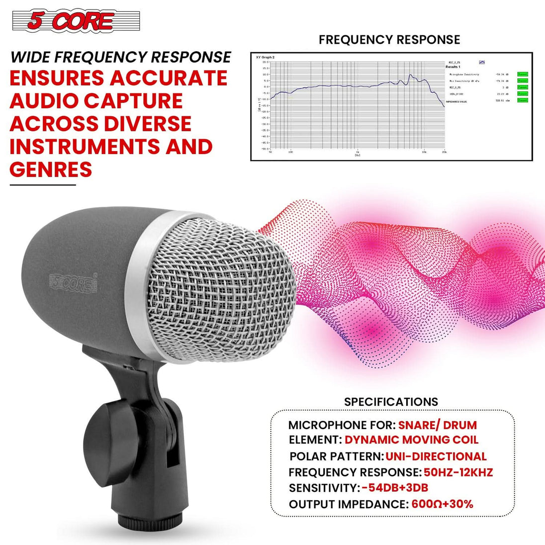 5Core gray snare microphone XLR wired uni-directional for tom drum and musical instruments