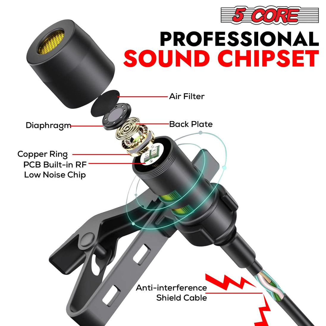 5Core clip-on lavalier mic, professional-grade 3.5mm omnidirectional lapel microphone