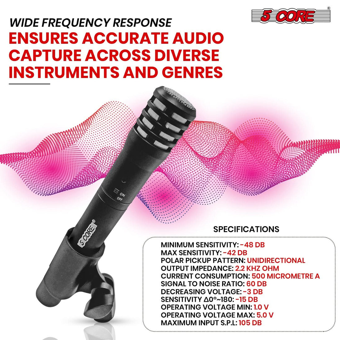 5Core black XLR cardioid pencil condenser mic, professional stick microphone for instruments