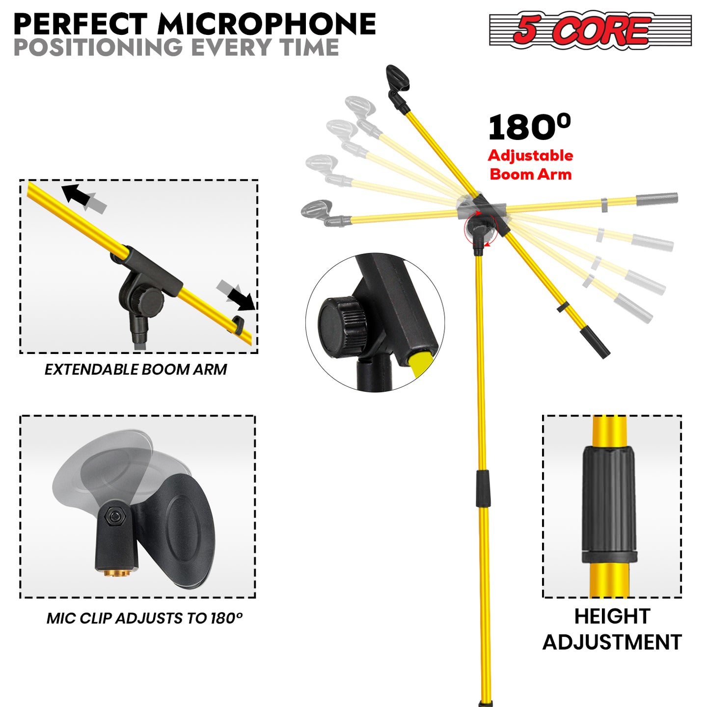 Sturdy 5Core microphone stand with floor base and flexible boom arm