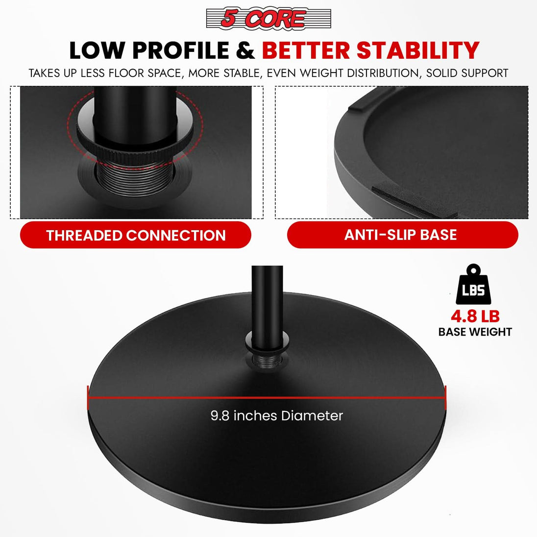5Core heavy-duty microphone stand with adjustable height, universal round base for floor use