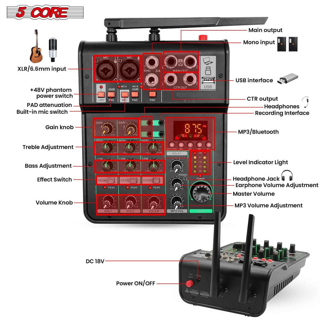 5Core GOLD 4 channel sound board audio mixer for DJ PA stereo USB Bluetooth