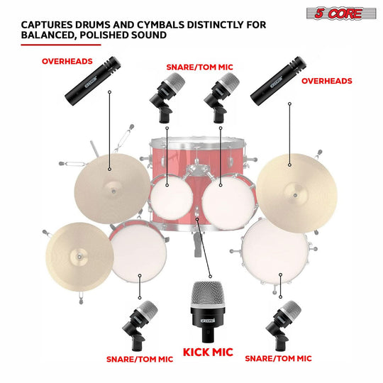 Overhead drum mics ensuring clear and balanced cymbal and kit recordings.