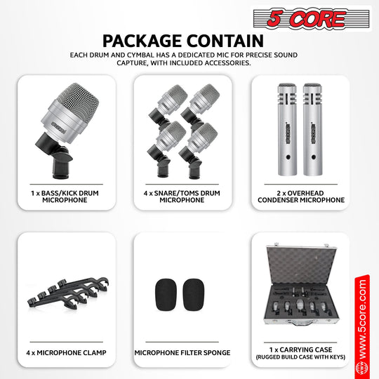 Drum mic set package contains essential microphones for studio and live performances.