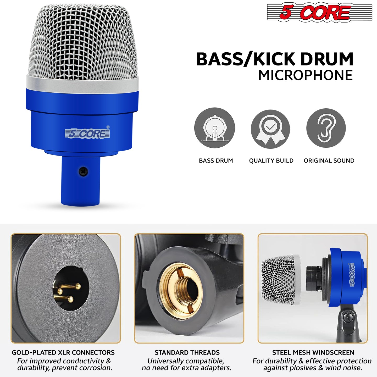 Drum microphone kit features overhead condenser mics for wide sound coverage.
