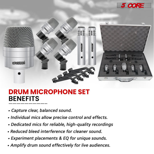 Reliable drum microphone kit packaged in a lock/unlock carry case for travel-friendly use.