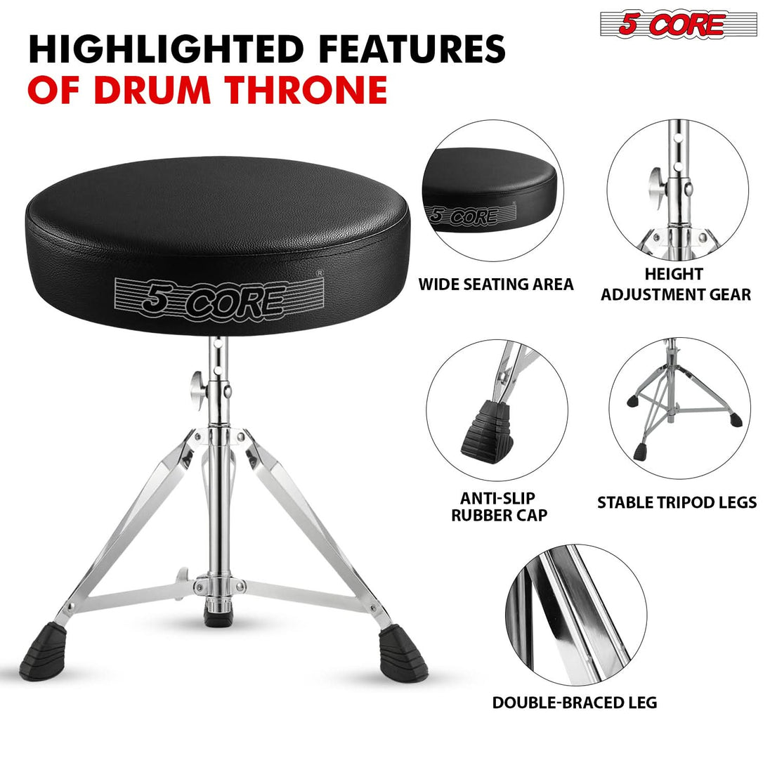Thick padded drum throne with sturdy base, cushioned seat, and adjustable height for comfortable drumming sessions.