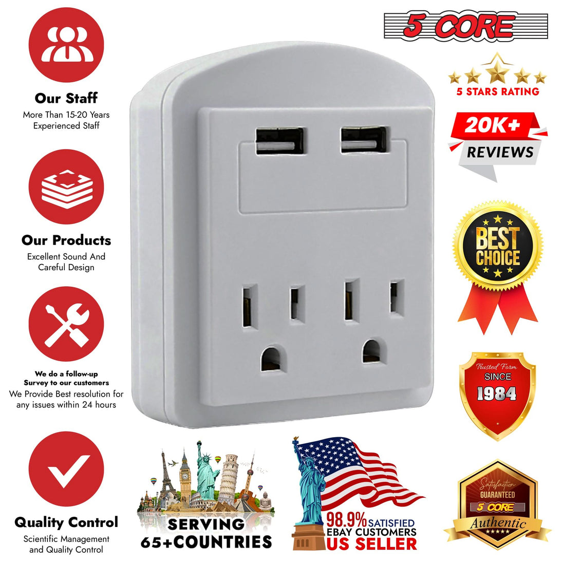 Universal 5 Core adaptor charger with 2 outlets and 2 USB charging ports