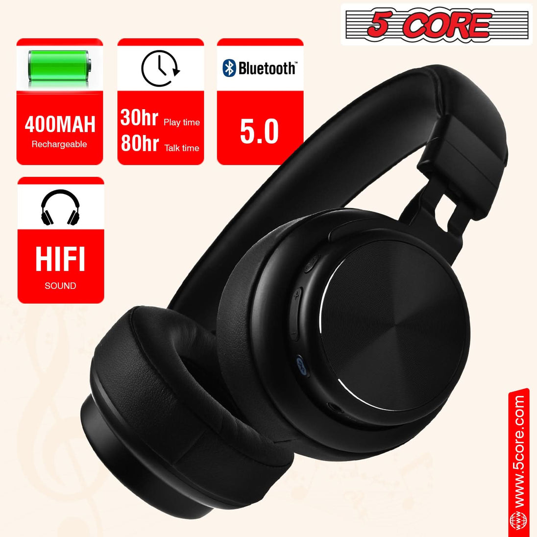 5Core wireless headphones with Bluetooth connectivity and noise cancellation