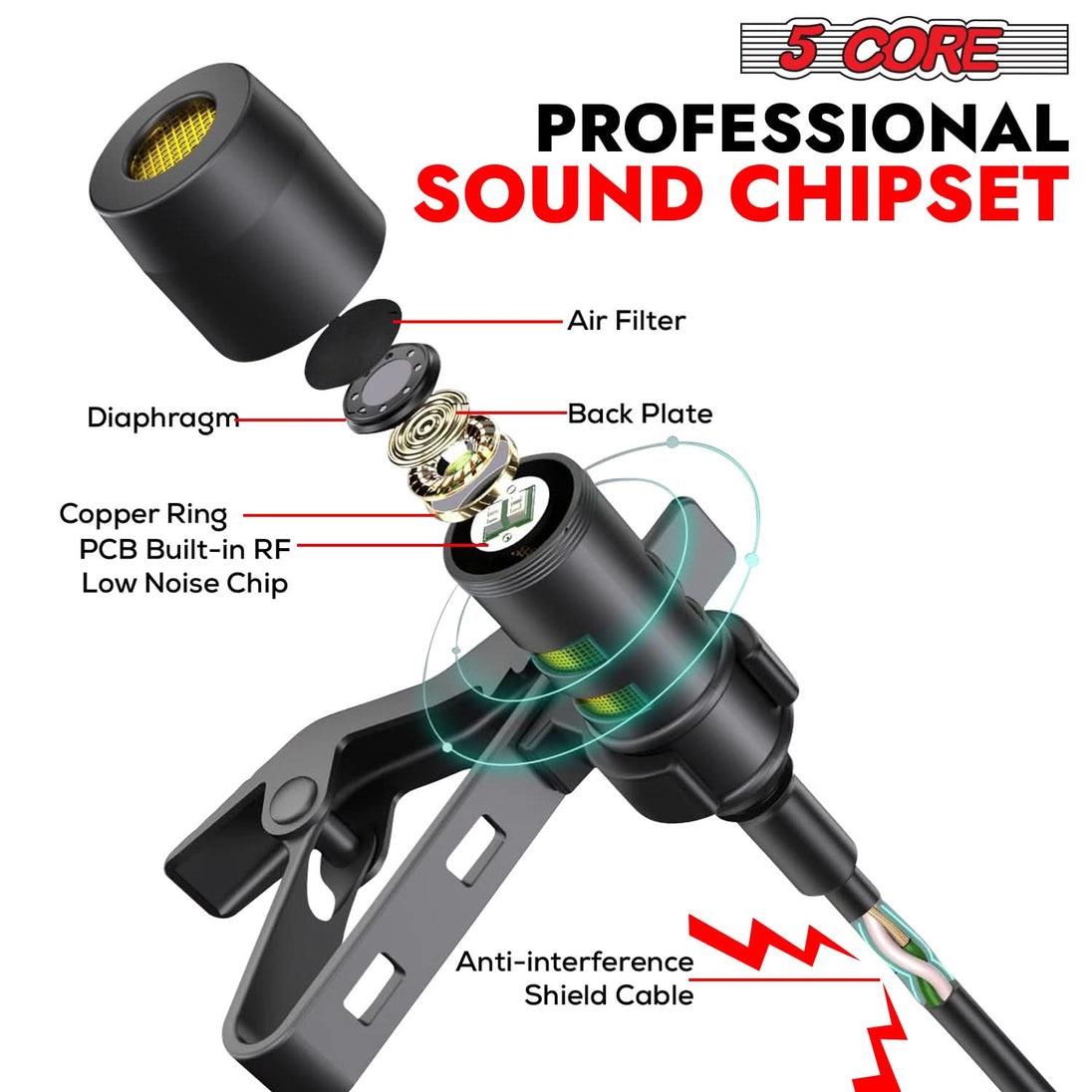 5Core omnidirectional 3.5mm clip-on lavalier mic, professional-grade lapel microphone