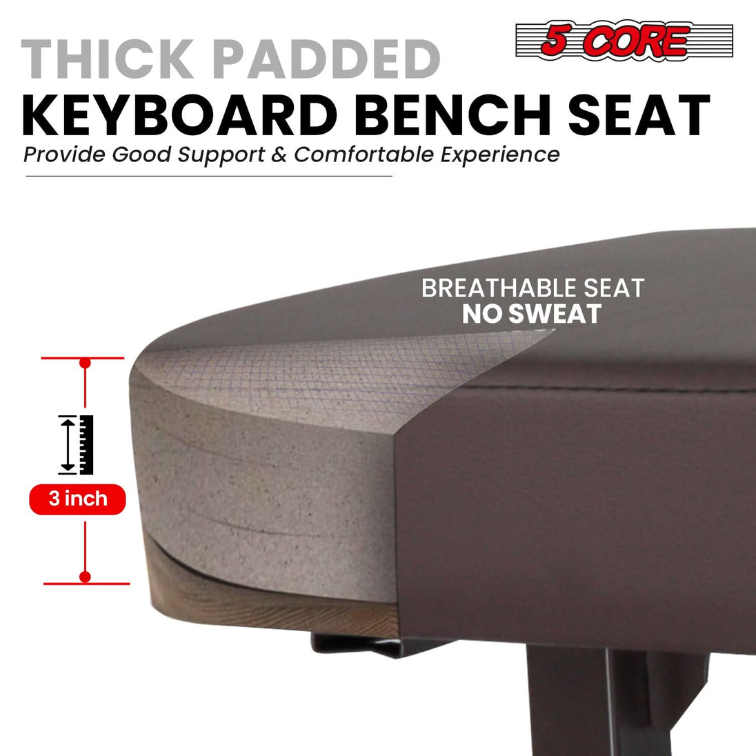 Thick padded cushion keyboard bench offering superior comfort and support for extended practice or performance sessions
