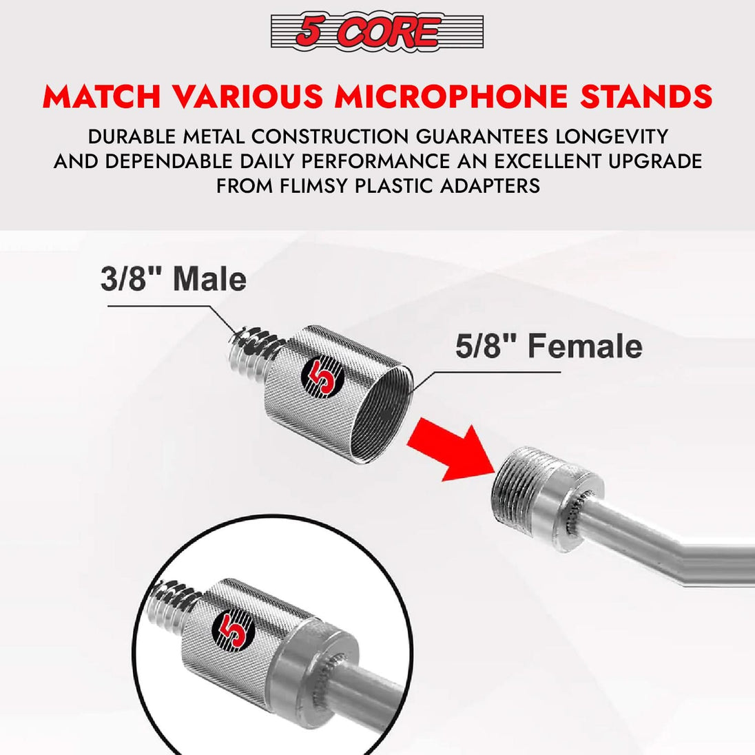 5Core 12-piece mic adapter set, 5/8" female to 1/4" male screw thread conversion for microphone stands