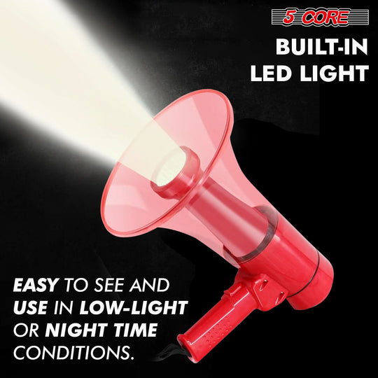Durable megaphone with LED light, multi-input options, long-range sound projection, and siren function.