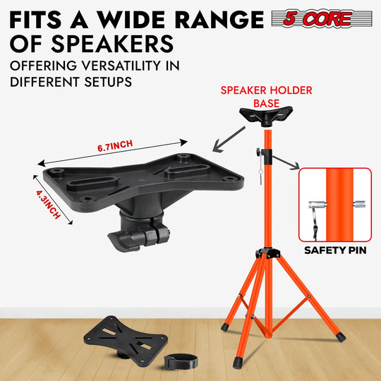 5Core orange studio speaker stand with pole mount and stable tripod legs