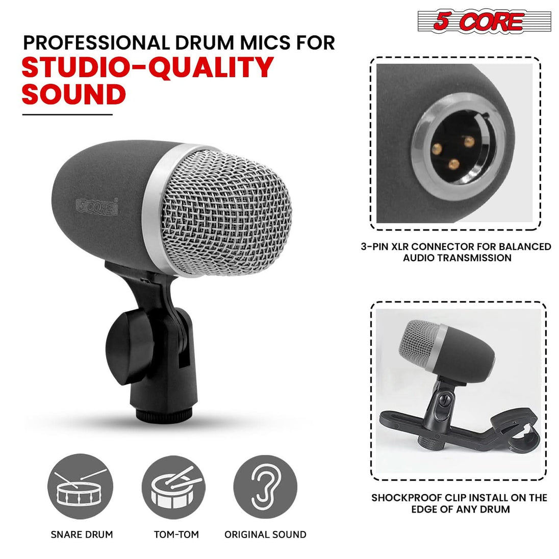 5Core XLR wired snare microphone uni-directional for tom drums and musical instruments gray