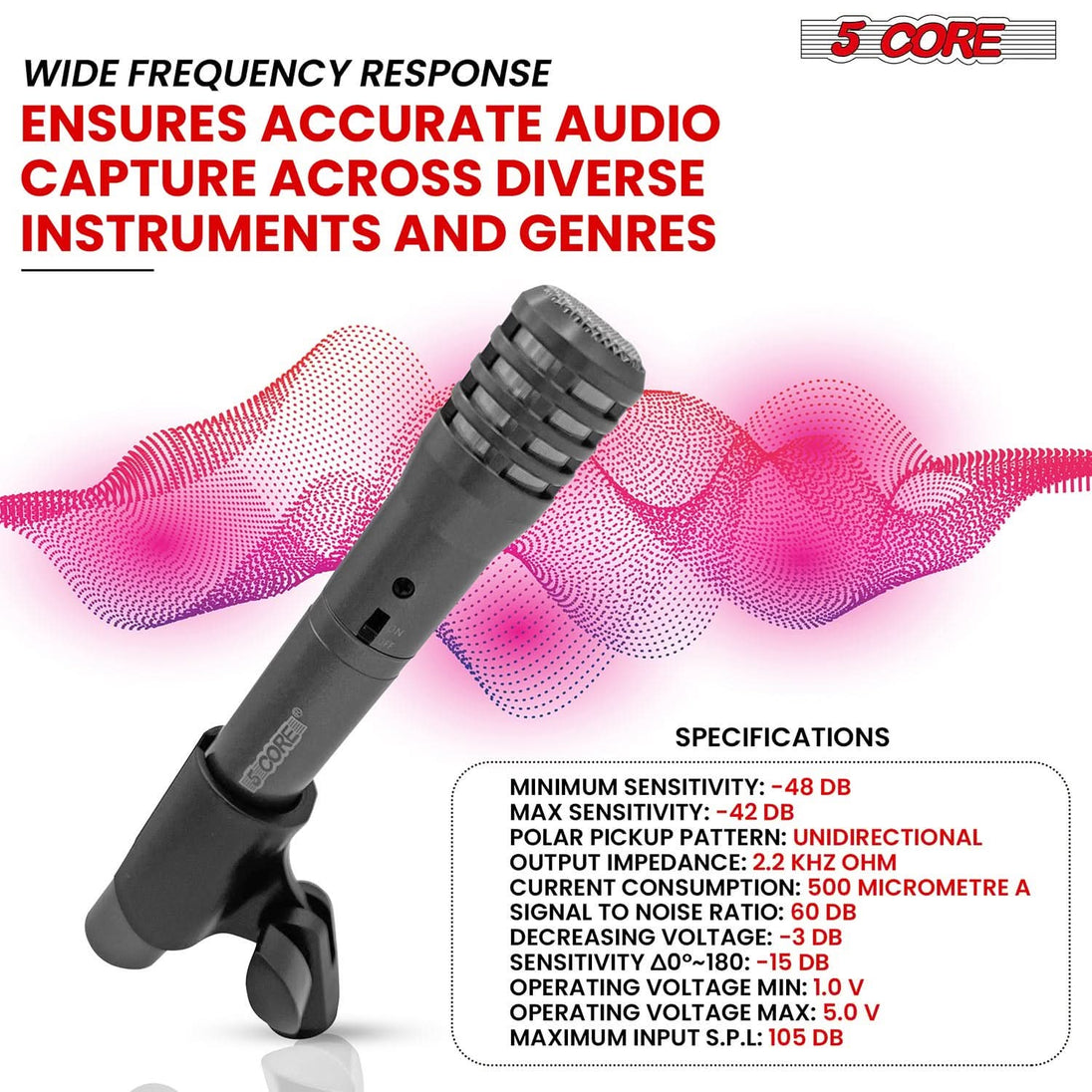 Professional grey stick condenser mic cardioid pattern by 5Core
