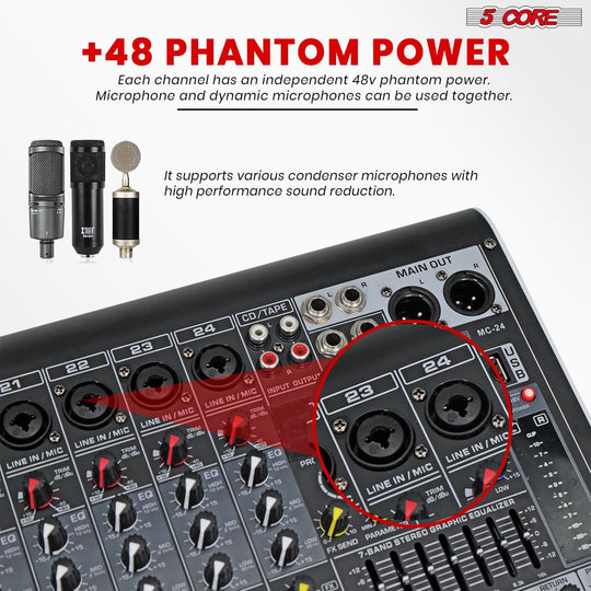 5Core Bluetooth-enabled 24-channel audio mixer with USB, PC recording, and analog mixing interface