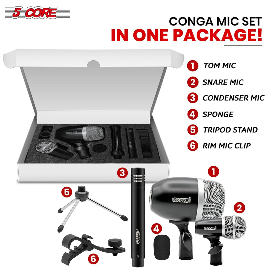 5Core XLR condenser microphone for drum kits in black, perfect for toms