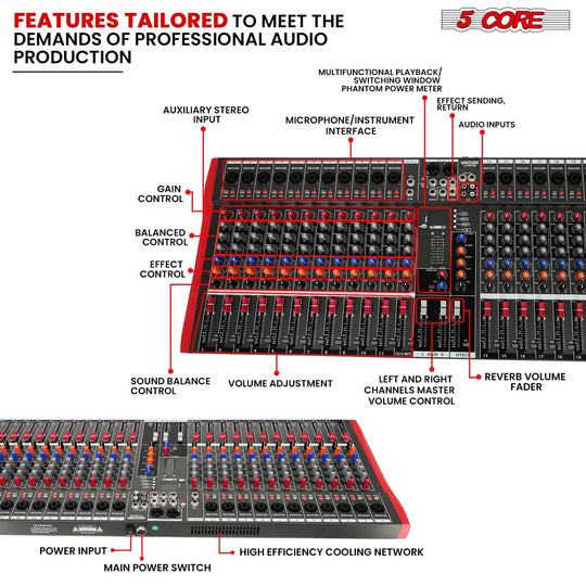5Core professional audio mixer, 24 channel DJ mixing board with Bluetooth and USB, analog