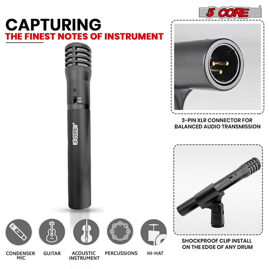 5Core black instrument microphone, XLR cardioid pencil stick condenser mic for professional use