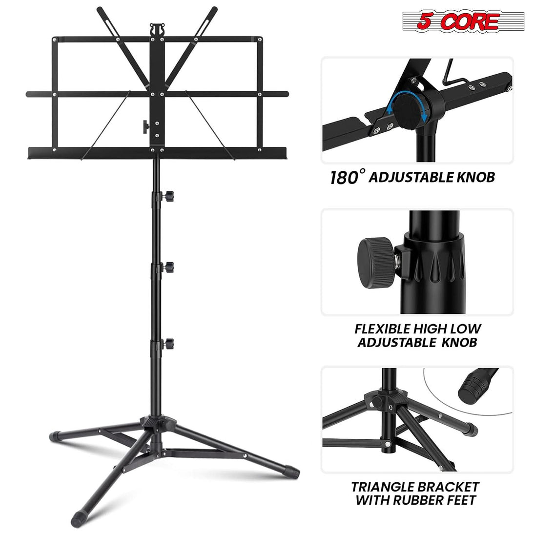 Adjustable music stand folding tripod for sheet music and notes 5Core