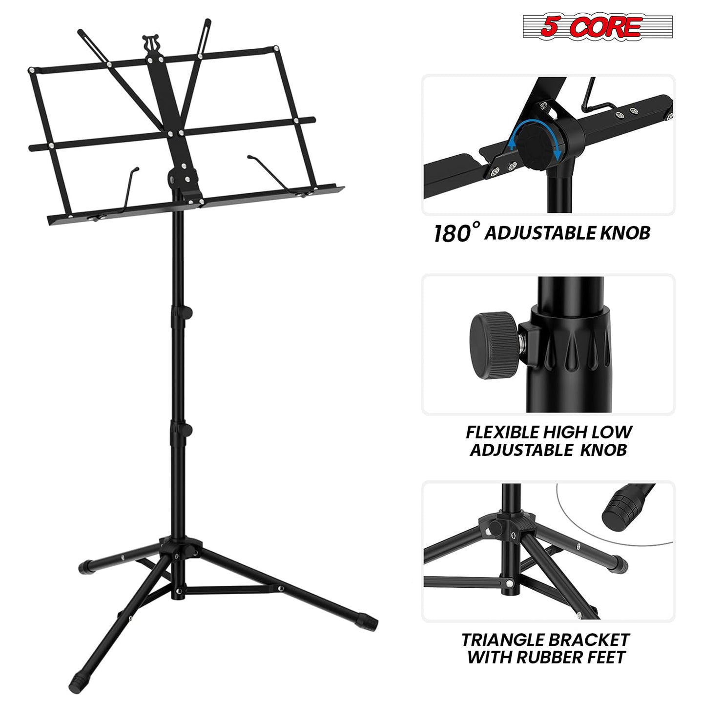 Adjustable folding music stand for orchestra, band, or solo practice