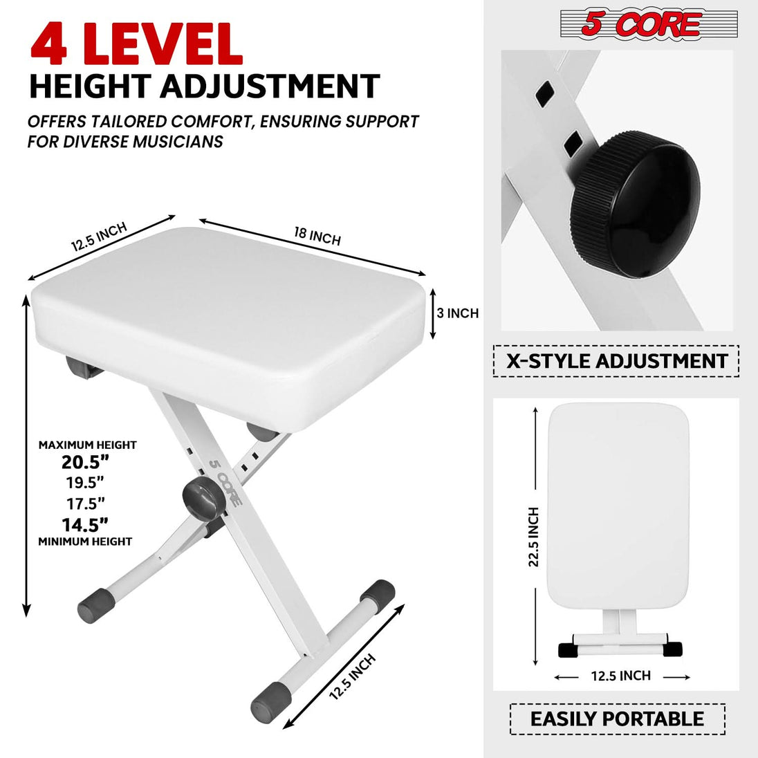 Heavy duty white 5Core X style adjustable keyboard bench, piano stool