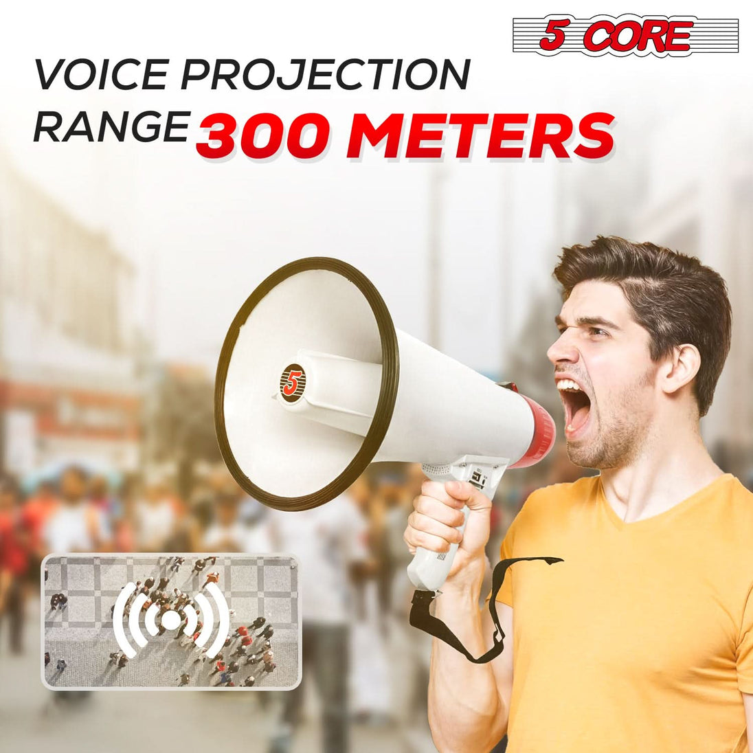 Feature-packed bullhorn with built-in mic, music button, siren, volume control, and power indicator.