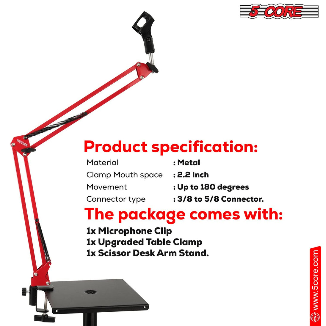 5Core RED suspension boom arm desk microphone stand with adjustable clamp