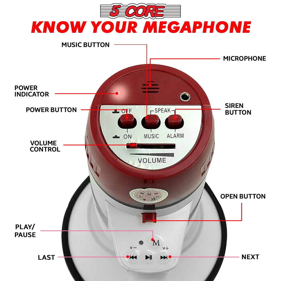 High-volume bullhorn megaphone with built-in siren and adjustable volume, powered by 6 D-type batteries (not included).