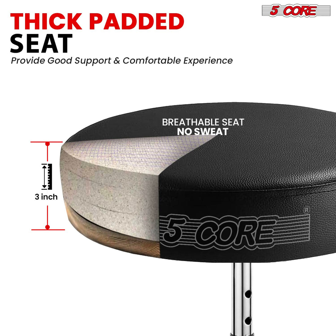 Adjustable height drum chair with a sturdy base, cushioned seat, and ergonomic design for comfortable playing.