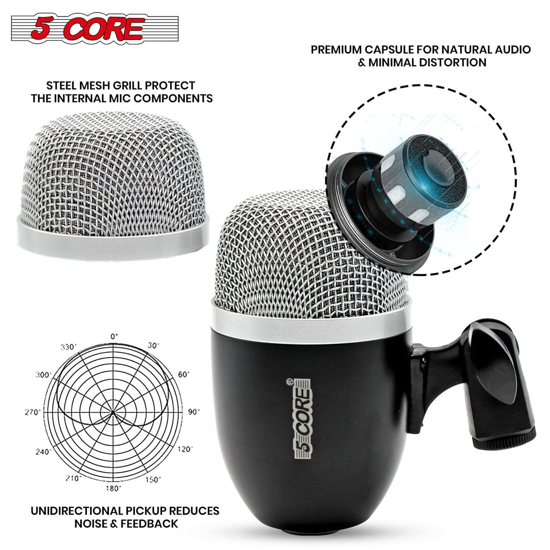 5Core black conga and snare drum microphone with XLR connection